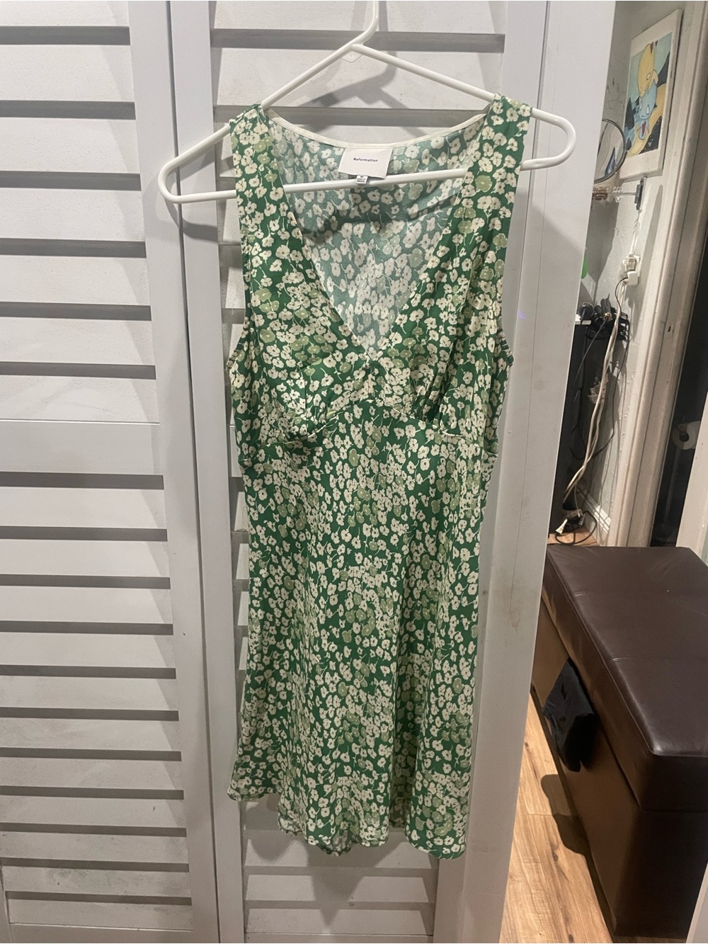 Reformation Green Floral V-Neck Mini Dress